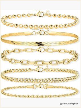 Gold Plated Bracelet Set, 5 Piece Adjustable Stackable Cuff Bangle Jewelry